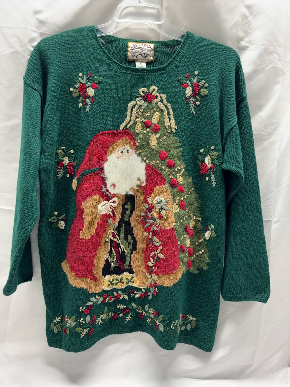 VTG 90’s Heirloom Collectibles Embellished Green Santa Christmas Sweater Size M